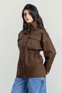 Utility Drawstring Waist Jacket -BROWN