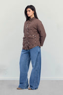 PUFFER JACKET WITH PRINTED LINING -BROWN