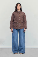 PUFFER JACKET WITH PRINTED LINING -BROWN