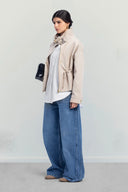 High-Neck Belted Jacket -Beige