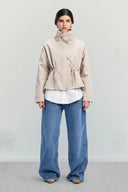 High-Neck Belted Jacket -Beige