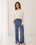 PLAIN LINEN WIDE LEG PANTS-PETROLEUM