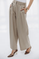 LOW WAIST CLASSIC PLEATED PANTS -DARK BEIGE