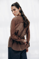Sheer V-Neck SHIRT -BROWN