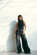 WASHED WIDE LEG DENIM PANT -DARK GRAY