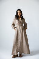 LINEN V-NECK MAXI DRESS - CAFE
