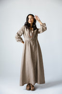 LINEN V-NECK MAXI DRESS - CAFE