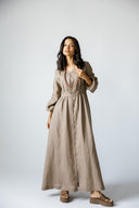 LINEN V-NECK MAXI DRESS - CAFE