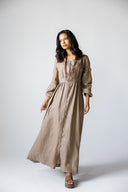 LINEN V-NECK MAXI DRESS - CAFE