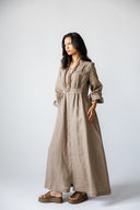 LINEN V-NECK MAXI DRESS - CAFE
