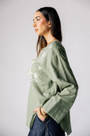 EMBROIDERY LINEN BLOUSE -OLIVE