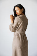 LINEN V-NECK MAXI DRESS - CAFE