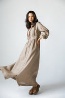 LINEN V-NECK MAXI DRESS - CAFE
