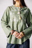 EMBROIDERY LINEN BLOUSE -OLIVE