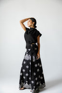 DRAPED SHOULDER TOP WITH WAIST TIE - BLACK