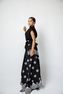 DRAPED SHOULDER TOP WITH WAIST TIE - BLACK