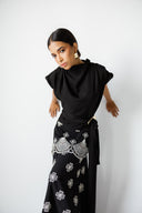 DRAPED SHOULDER TOP WITH WAIST TIE - BLACK