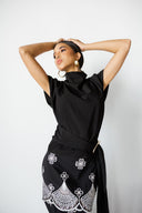 DRAPED SHOULDER TOP WITH WAIST TIE - BLACK
