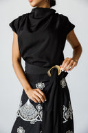 DRAPED SHOULDER TOP WITH WAIST TIE - BLACK