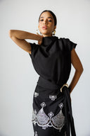 DRAPED SHOULDER TOP WITH WAIST TIE - BLACK
