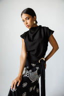 DRAPED SHOULDER TOP WITH WAIST TIE - BLACK