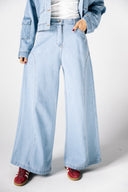 WASHED WIDE LEG DENIM PANTS -Blue