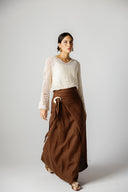ELEGANT WRAP LINEN SKIRT -BROWN