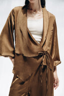 WRAP SATIN BLOUSE -BROWN