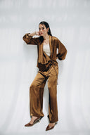 MINIMAL WIDE LEG SATIN PANTS -BROWN