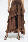 LINEN LACE TIERED SKIRT BROWN