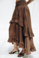 LINEN LACE TIERED SKIRT BROWN