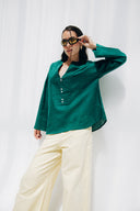 LINEN ESSENCE BLOUSE -DARK GREEN