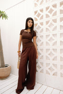 Ribbed Square Neck Basic top -BROWN