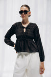 Smocked Tie-Front Blouse -BLACK