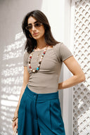Ribbed Square Neck Basic top - Greige