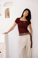 Ribbed Square Neck Basic top -MAROON