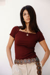 Ribbed Square Neck Basic top -MAROON