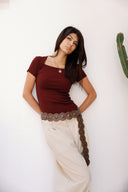 Ribbed Square Neck Basic top -MAROON