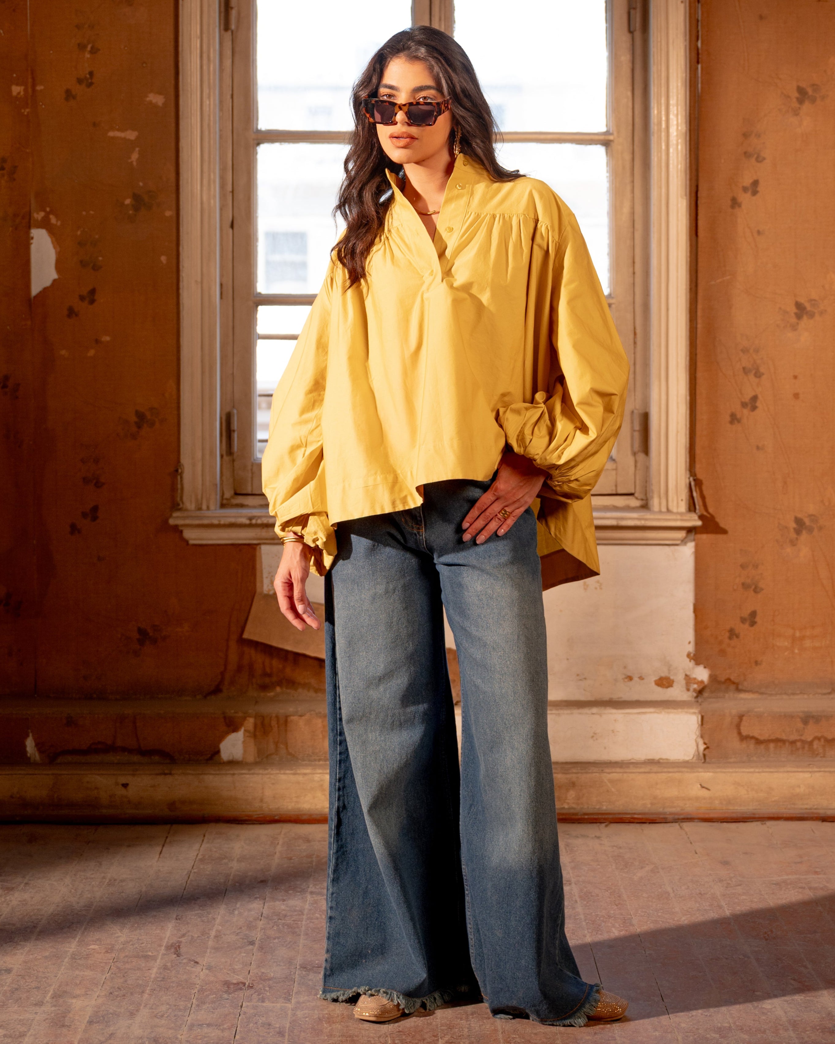PLAIN OVERSIZED COTTON BLOUSE-MUSTARD