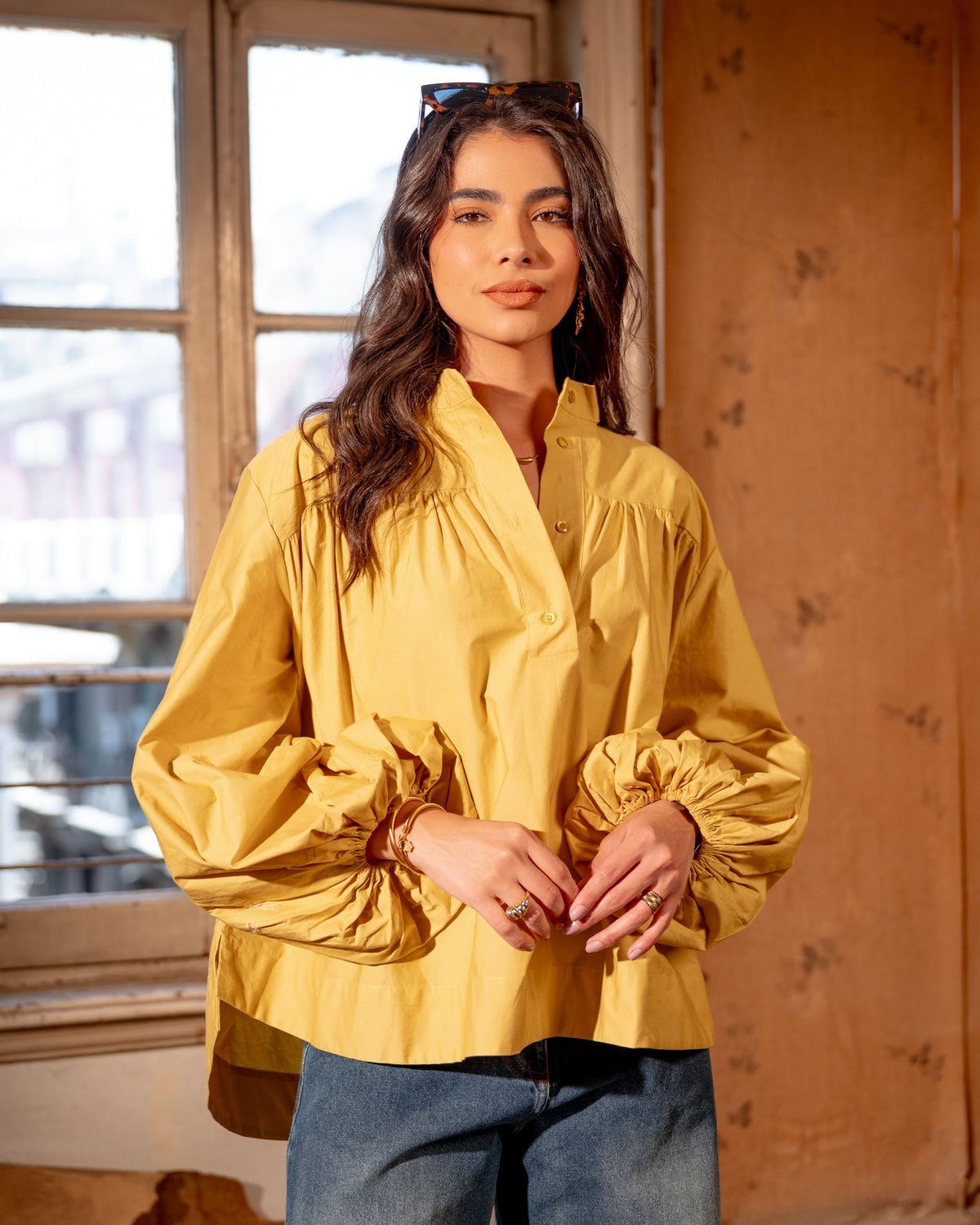 PLAIN OVERSIZED COTTON BLOUSE-MUSTARD