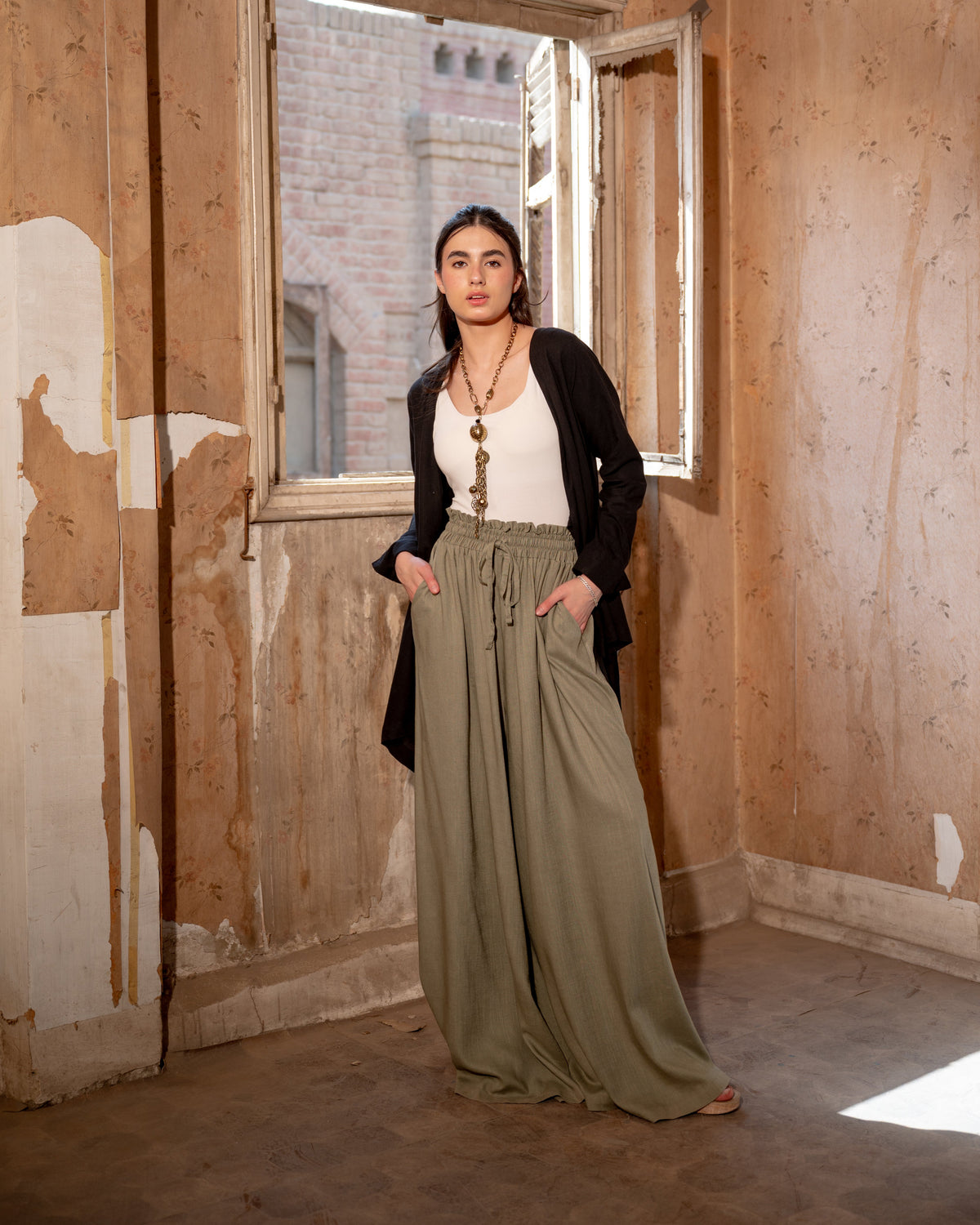 HIGH WAIST WIDE LEG PANTS-OLIVE