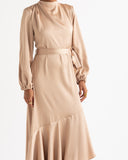 RUFFLE SATIN DRESS -CAFE