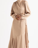 RUFFLE SATIN DRESS -CAFE