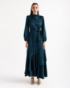 RUFFLE SATIN DRESS -PETROLEUM