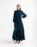 RUFFLE SATIN DRESS -PETROLEUM