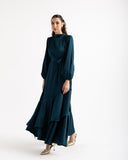 RUFFLE SATIN DRESS -PETROLEUM