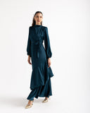 RUFFLE SATIN DRESS -PETROLEUM