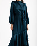 RUFFLE SATIN DRESS -PETROLEUM