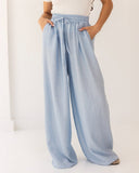 STRAIGHT LINEN PANTS-BABY BLUE