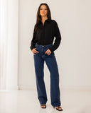 STRASS STRAIGHT DENIM PANTS-DARK BLUE